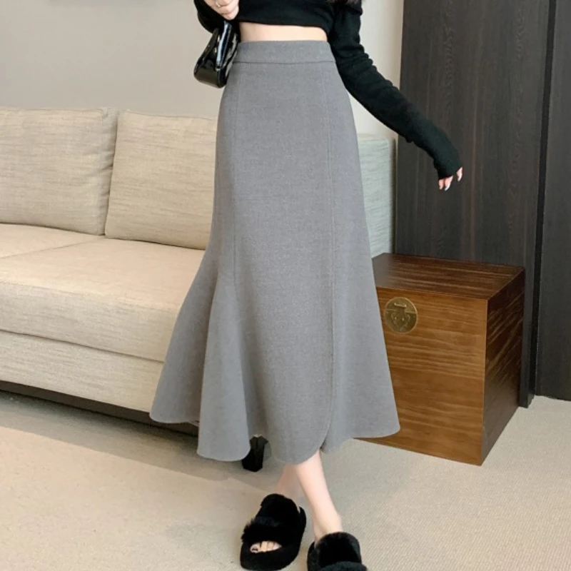 

Seoulish Autumn Winter Vintage Woolen Women's Mermaid Skirts 2025 New High Waist Front Split Korean Fishtail A-line Skirt Female