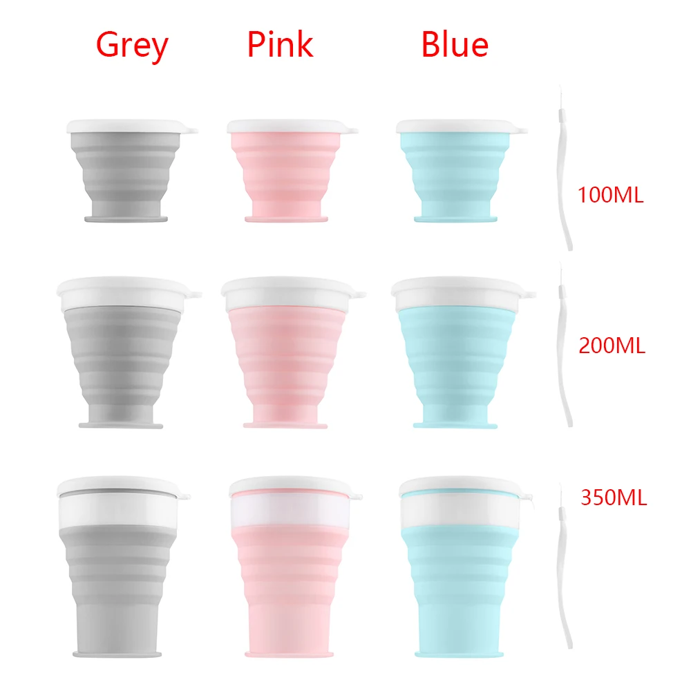 Portable Silicone Folding Water Cup Outdoor Heat Resistant Foldable Mug with Lid Collapsible Travel Drinking Cups for Camping