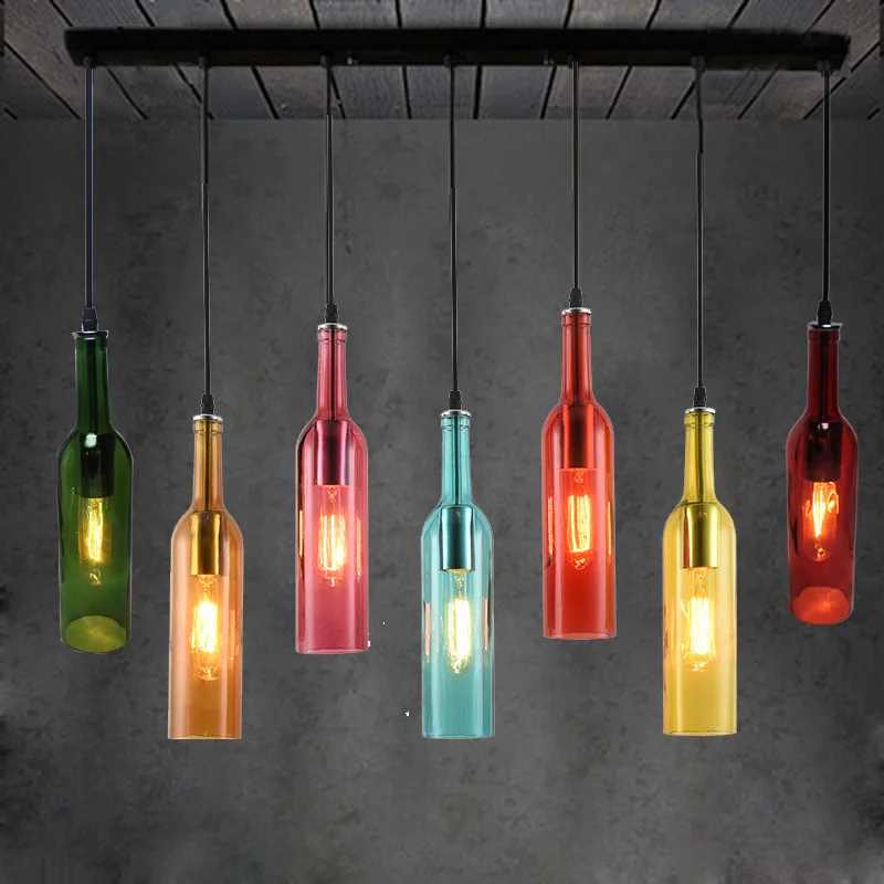 Bar Atmosphere Pendant Lights Vintage Industrial Style Restaurant Coffee Shop Chandelier Glass Wine Bottle Adorn Hanging Lamps