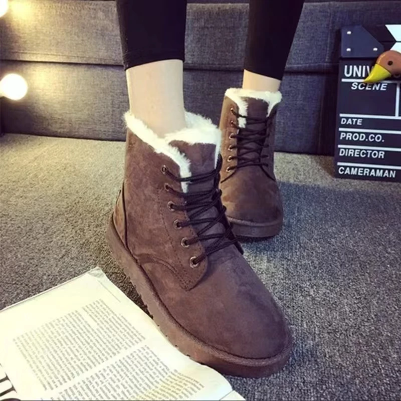 2024 Women Winter Snow Boots Warm Flat Plus Size Platform Lace Up Ladies Women\'s Shoes New Flock Fur Suede Ankle Boots 36-42