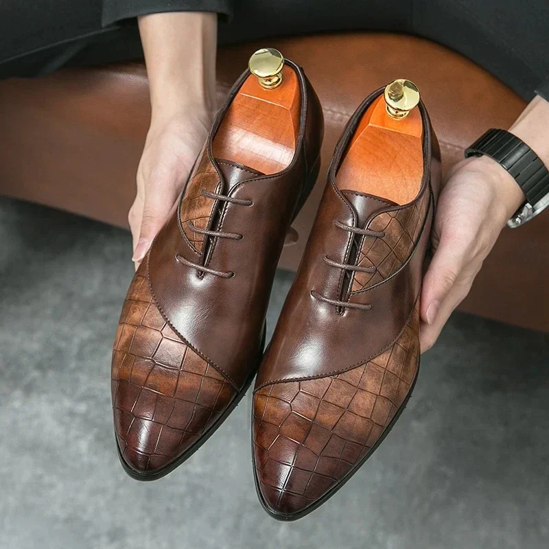 Luxury  Leather Shoes for Men Brand Derby Shoes for Men Pointed Toe Lace-up Men's Formal Shoes Handmade Business Footwear 2024