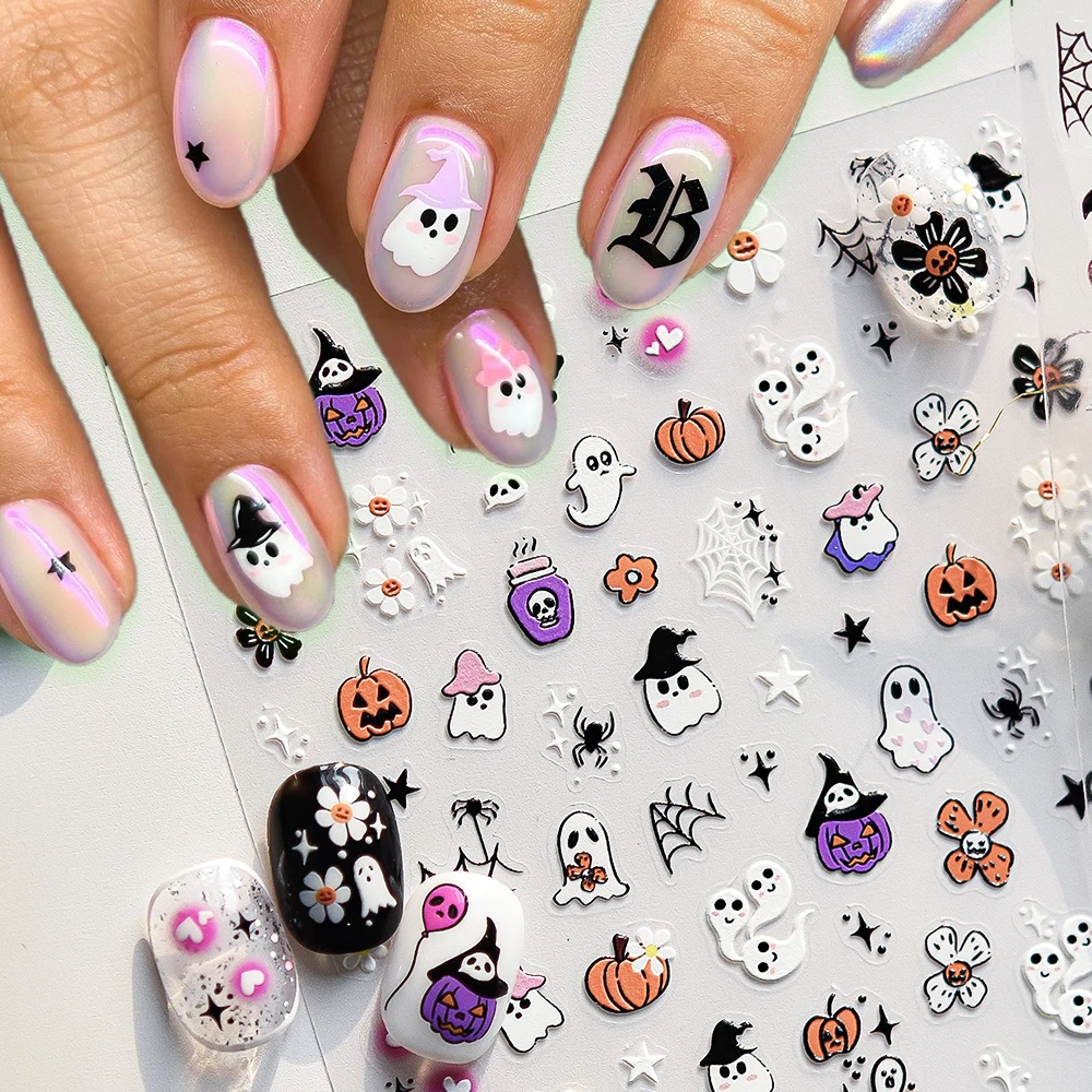 1pcs 5D White Ghost Halloween Nail Stickers Black Hat Little Ghost Cute Vampire Pumpkin Self-Adhesive Nails Slider Nail Supplies