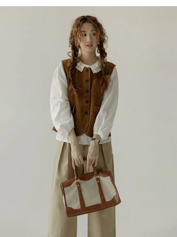 Japanese style corduroy vest for women, 2025 autumn new retro sleeveless top, student outerwear, cardigan.