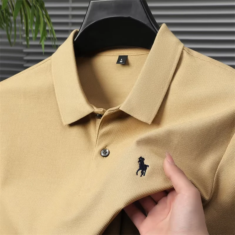 High end 100% cotton men's short sleeve solid color polo shirt light luxury brand embroidered business casual summer New T-shirt image 5