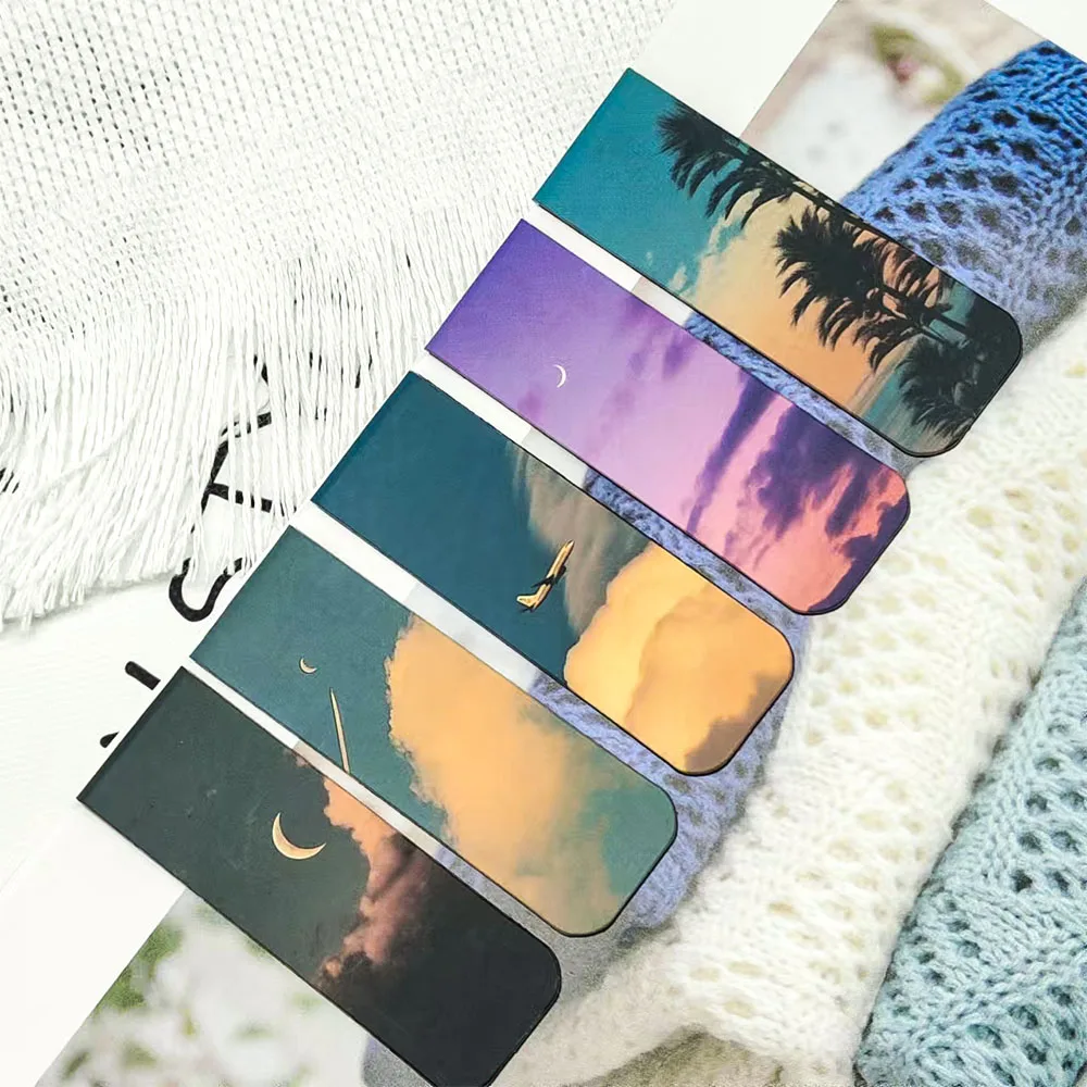 5PCS Twilight Whispers Magnetic Bookmark Student Stationery Creative Gifts Page Break Reading Tags Sunset Scenery Read The Card