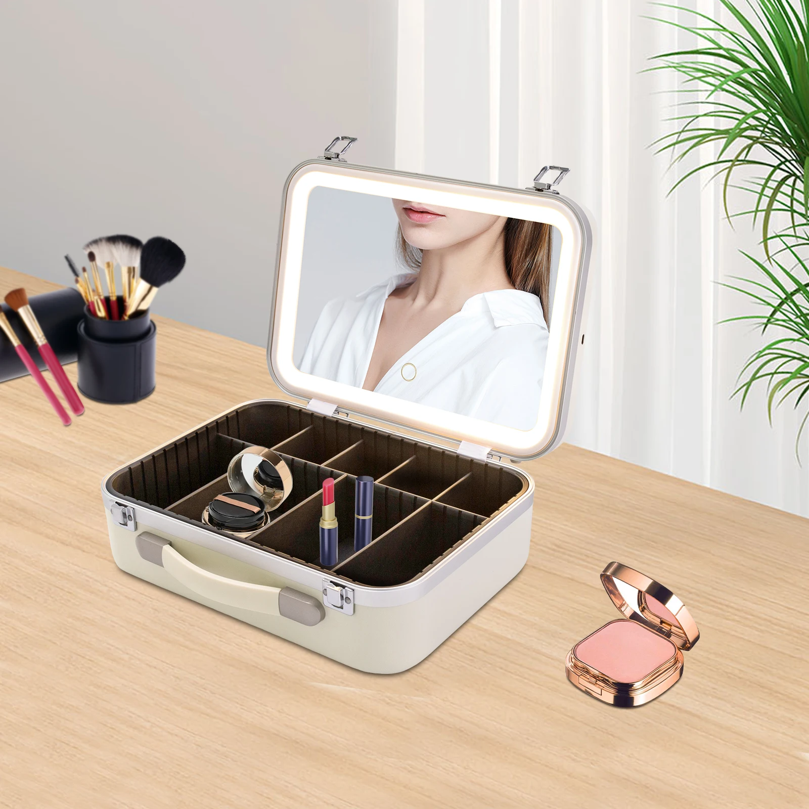 Makeup Case with Dimmable LED Bulbs and Tilt Mirror Lighted Cosmetics Organizer Storage Case Make Up Organiser