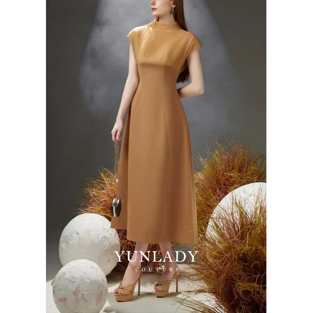 YUNLAN Luxury Champagne Crepe Sleeveless Mom Evening Dress 2024 Dubai High Neck A Line Midi Dress for Women Wedding Guest Dress