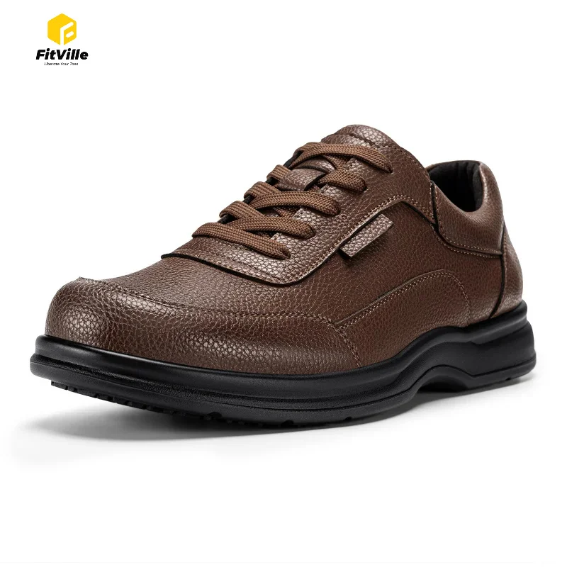 Fitville Men'S Business Leather Shoes Wide Design Casual Oxford Shoe Non-Slip Water-Repellent For Swollen Feet With Arch Support
