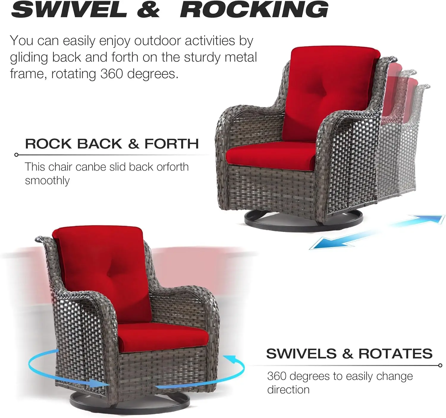 Outdoor Swivel Rocker Patio Cadeiras Set, Wicker Patio Bistro Set, Premium Fabric Cushions, 2 e Matching Side Table, 3 pcs