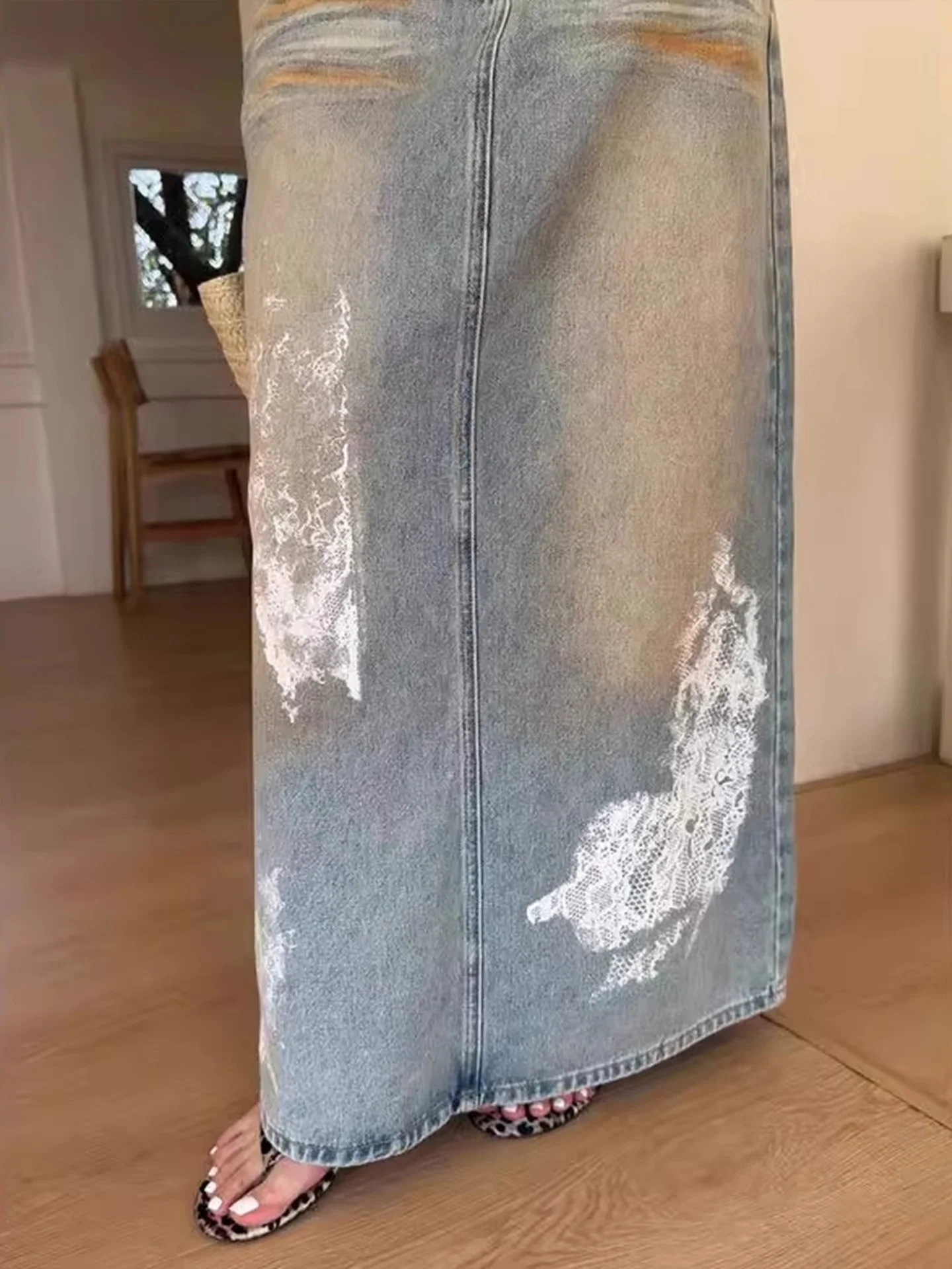 Outono inverno feminino vintage y2k split denim maxi saia a linha impressão harajuku japonês grunge 2000s cyber punk e-girl maré nova