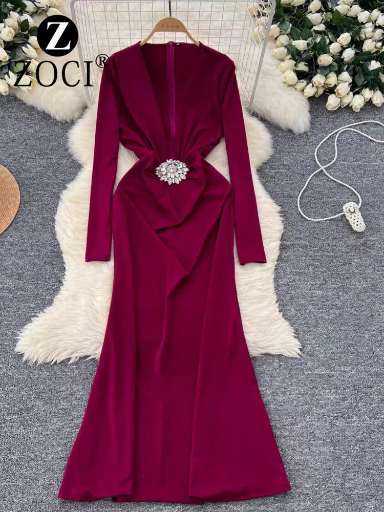 [ZOCI] V-neck Long Sleeved Dress For Women's Dinner Party, Heavy-duty Diamond Studded Flower Waist Cinching And Slimming