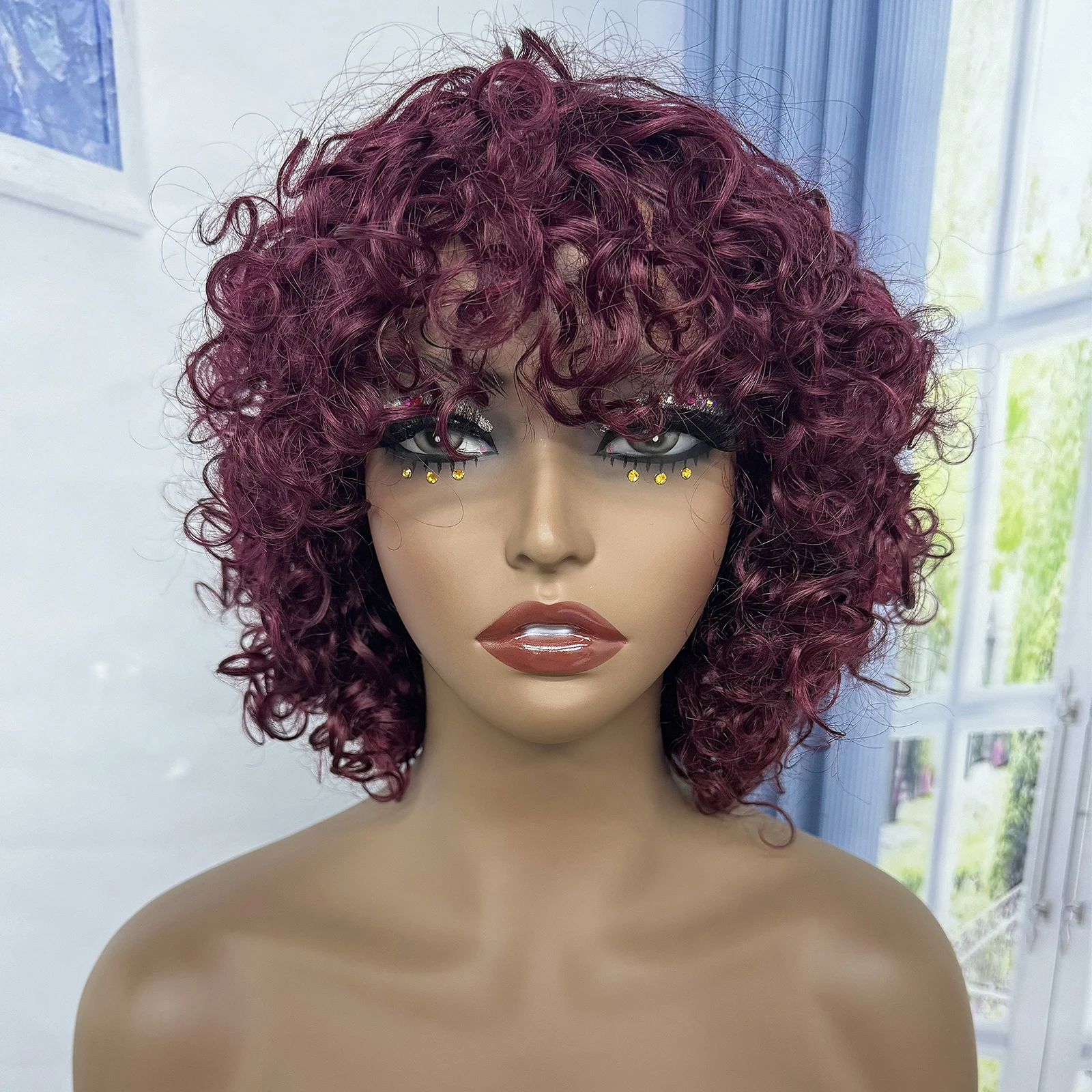 Парики из человеческих волос 4 # шоколадной расцветки, волнистые, с челкой, для чернокожих женщин, плотность 200%, парик с короткими волнистыми волосами, парики машинной работы