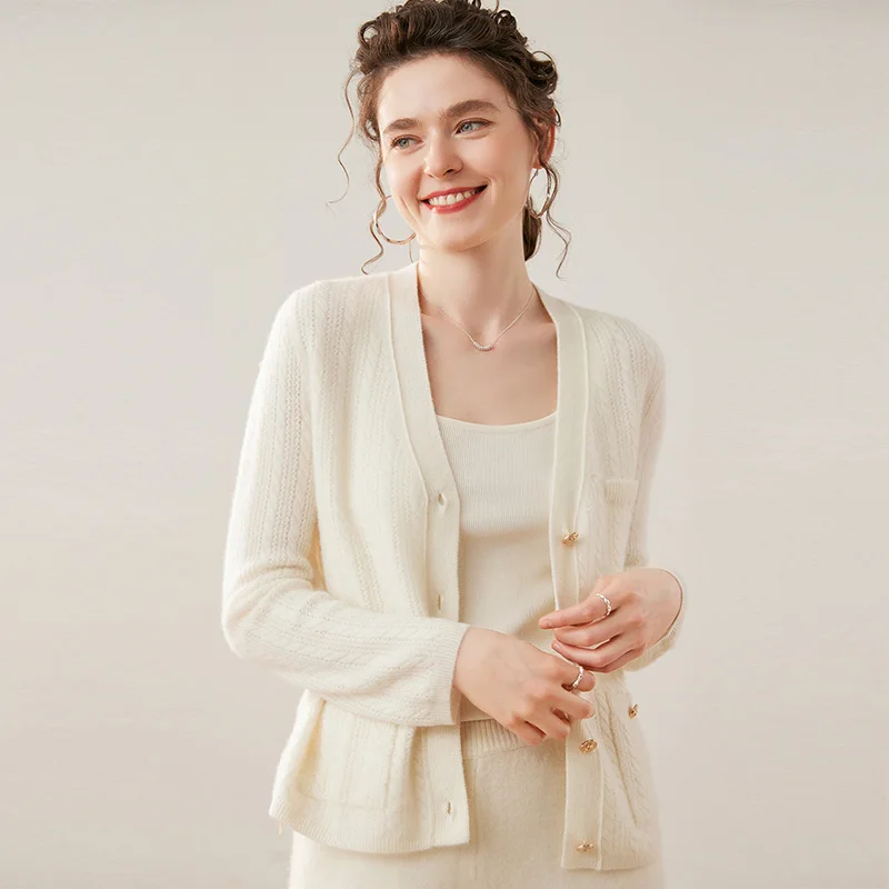 New Women V-neck 100% Cashmere Cardigan Sweater Autumn Winter Soild  Soft Comfort  Elegant Long Sleeve Knit Jackets Office Lady