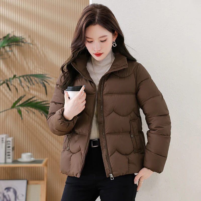 

Женская утолщенная куртка с воротником-стойкой и хлопковой подкладкой, однобортное повседневное пуховое пальто с карманами, зимнее теплое свободное короткое пальто