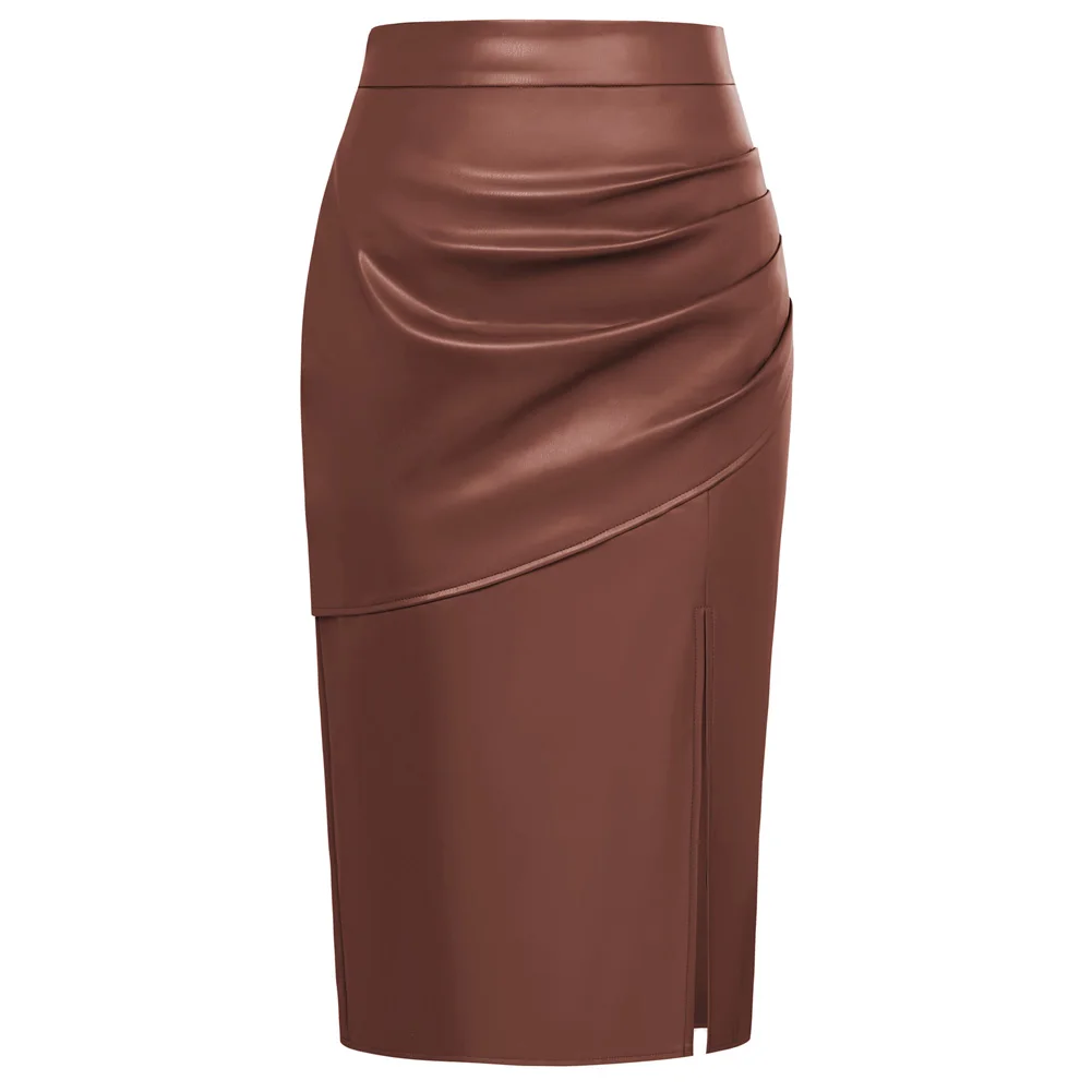 

KK Women Skirts High Waisted Front Open Slit PU Leather Skirt Elastic Waist Elegant Slim Fit Ruched Skirt