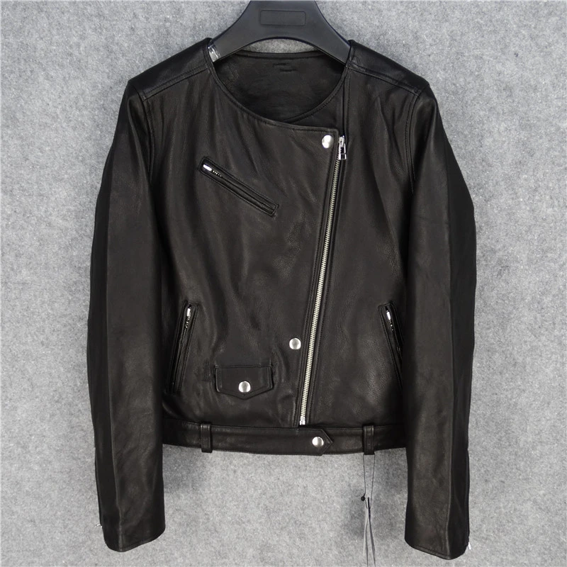 Ölwachs-Schaffell-Lederjacke für Damen, Rundhalsausschnitt, schmales und dünnes Lederöl