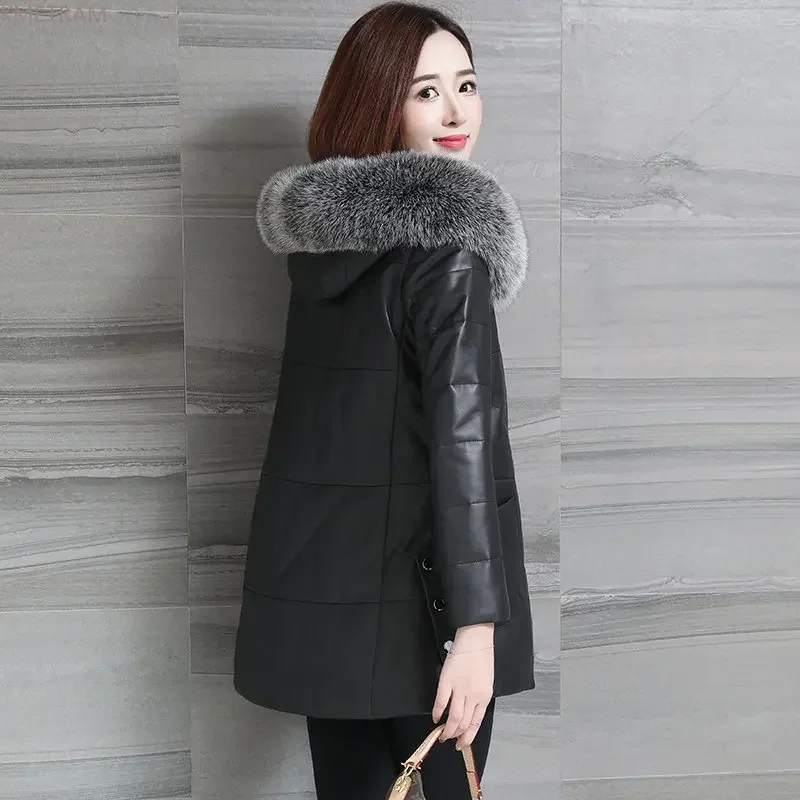 Real Leather Jacket for Women Winter Hooded Down Coats Fox Fur Collar Genuine Sheepskin Coat Slim Down Jackets Jaquetas Feminino