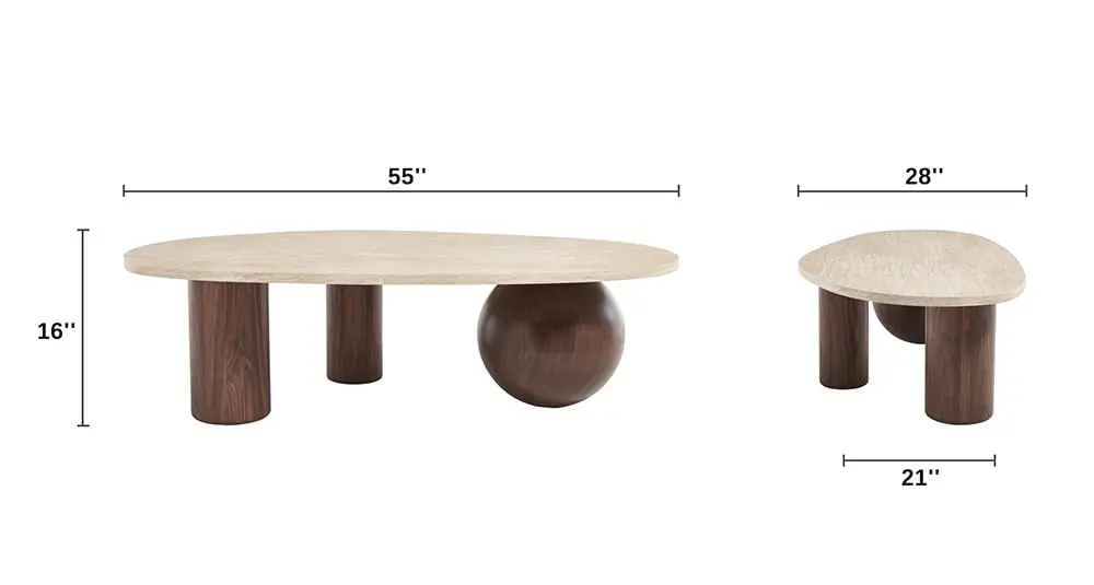 55'' Modern Oval Wood Coffee Table for Living Room, 3 Walnut Accent Legs | Beige Wood Tabletop with Faux Marble, Customized