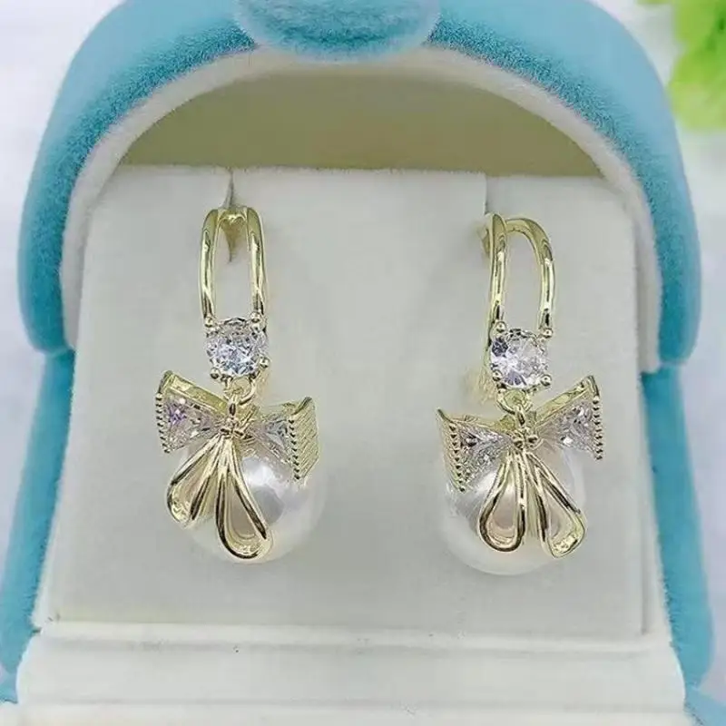 925 Silver Needle Korean Fashion Pearl Drop Earrings For Women French Luxury Zircon Bowknot Earrings 2024 Trending New Jewelry