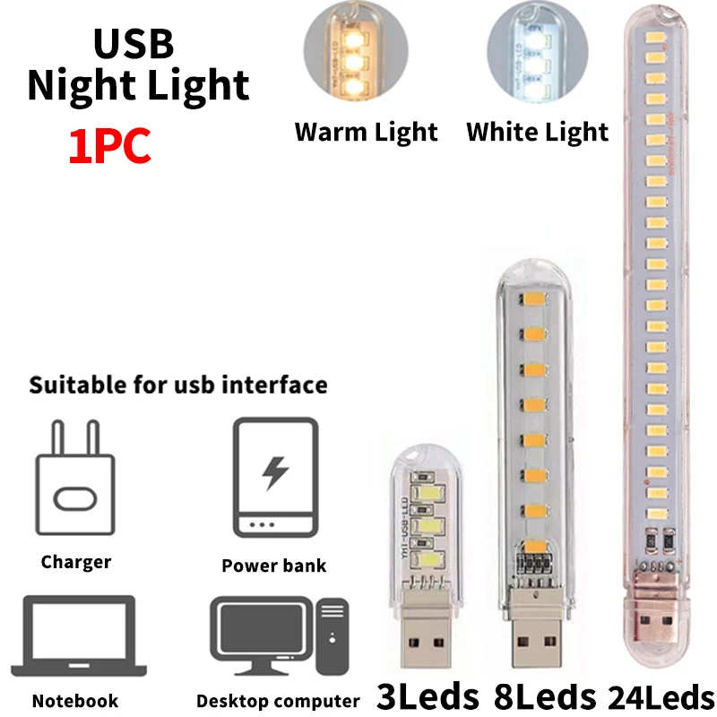 미니 휴대용 LED 라이트, 눈 보호 독서 야간 조명, 컴퓨터 모바일 전원 노트북 USB 플러그 램프, 3, 8, 24LED 조명