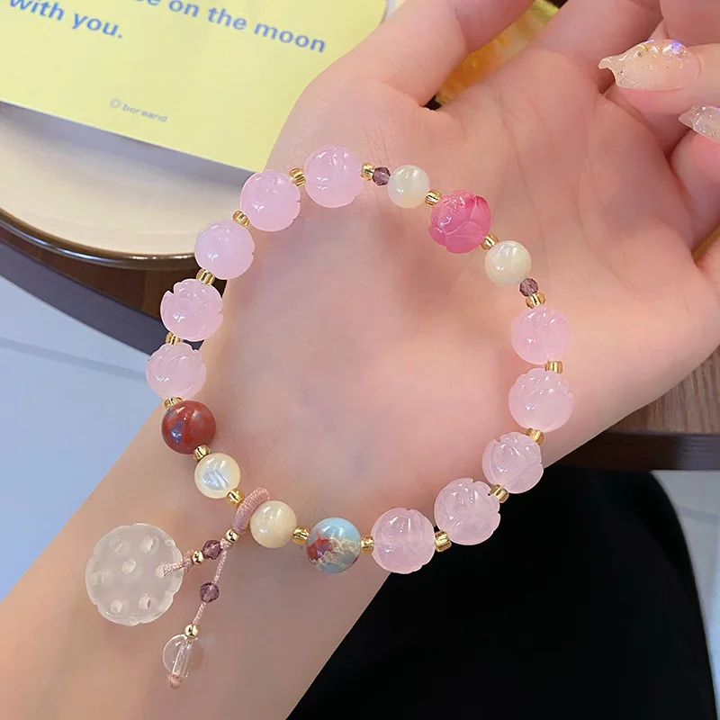 Xinpingqi Super Fairy Sweet Fresh Temple Pink Crystal New Chinese Lotus Folium Nelumbinis Bracelet