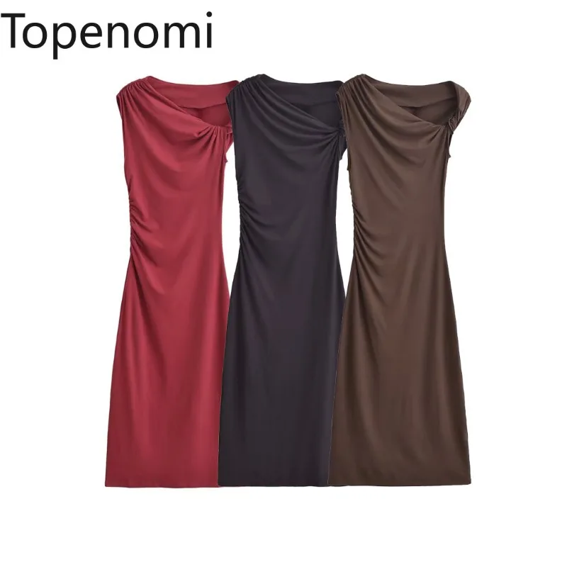 Topenomi Asymmetric Dress Women Sexy Sleeveless Ruched Elastic Slim Solid Long Dresses 2025 Sexy Fashion Evening Party Vestidos