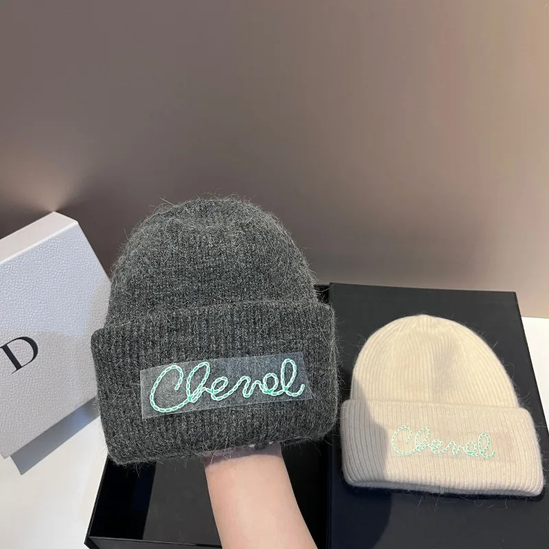 

Luxury Knit Rabbit Fur Hat Women Double Fold Earmuffs Winter Warm Beanie Soft Chunky Celine Style Fleece Lined Free Shipping​​