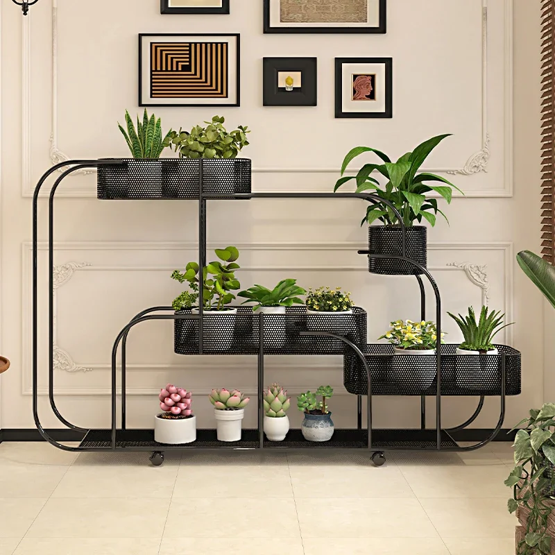 Flower shelf living room floor-to-ceiling movable flower stand balcony plant rack wrought iron multi-layer succulent pot bracket