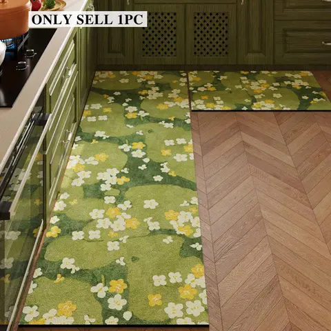 Print Rug Flower Long Carpet for Kitchen Floor Mat Pvc Leather Waterproof Non-slip Long Rug Oil-proof Foot Mats Green Flower Print Home Decor Carpets