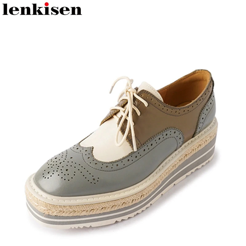 Lenkisen Rome Genuine Leather Splicing Spring Brand Shoes Mixed Colors Med Heels Cross-tied Embroidery Leisure Brand Women Pumps