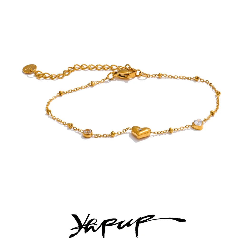 Yhpup Exquisite Stainless Steel Zircon Heart Love Chain Bracelet Bangle for Women Rust Proof Charm Wrist Jewelry Accessories