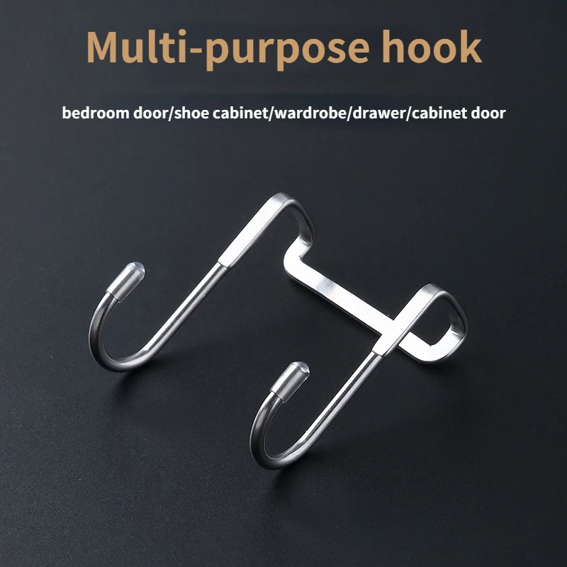 Double S-Shape Hook 304 Stainless Steel Hook Free Punching Kitchen Bathroom Cabinet Door Back Type Coat Towel Storage Hanger