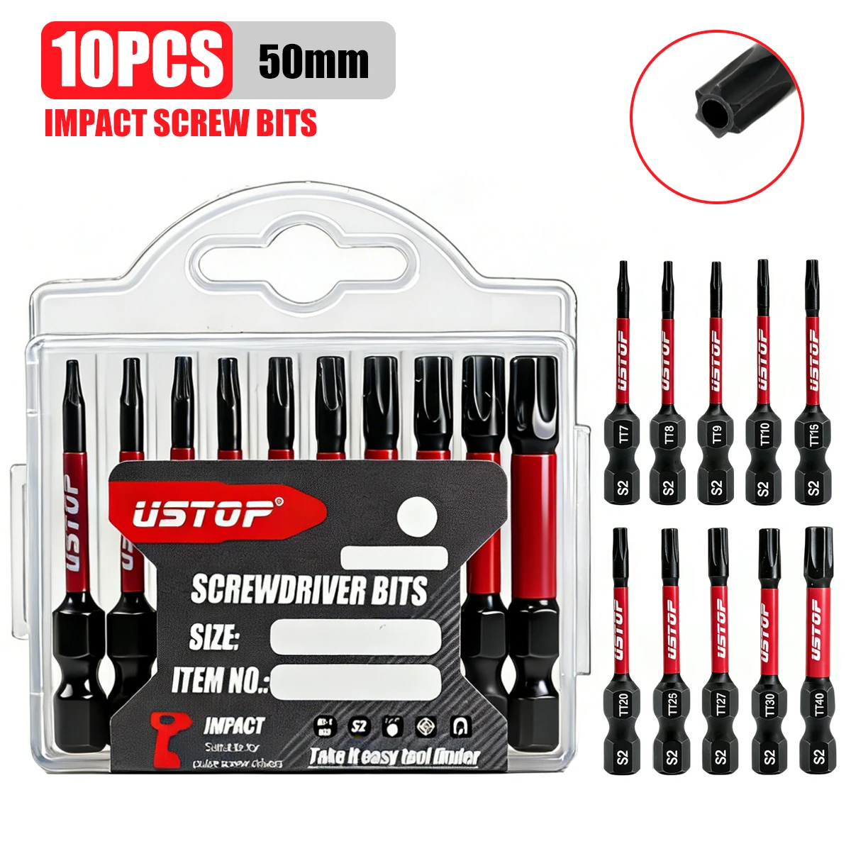 Juego de puntas de impacto de 50 mm, juego de 10 piezas, puntas magnéticas de acero S2 Tt7-Tt40, múltiples especificaciones, adecuado para taladros eléctricos/destornilladores eléctricos, herramientas de reparación de precisión