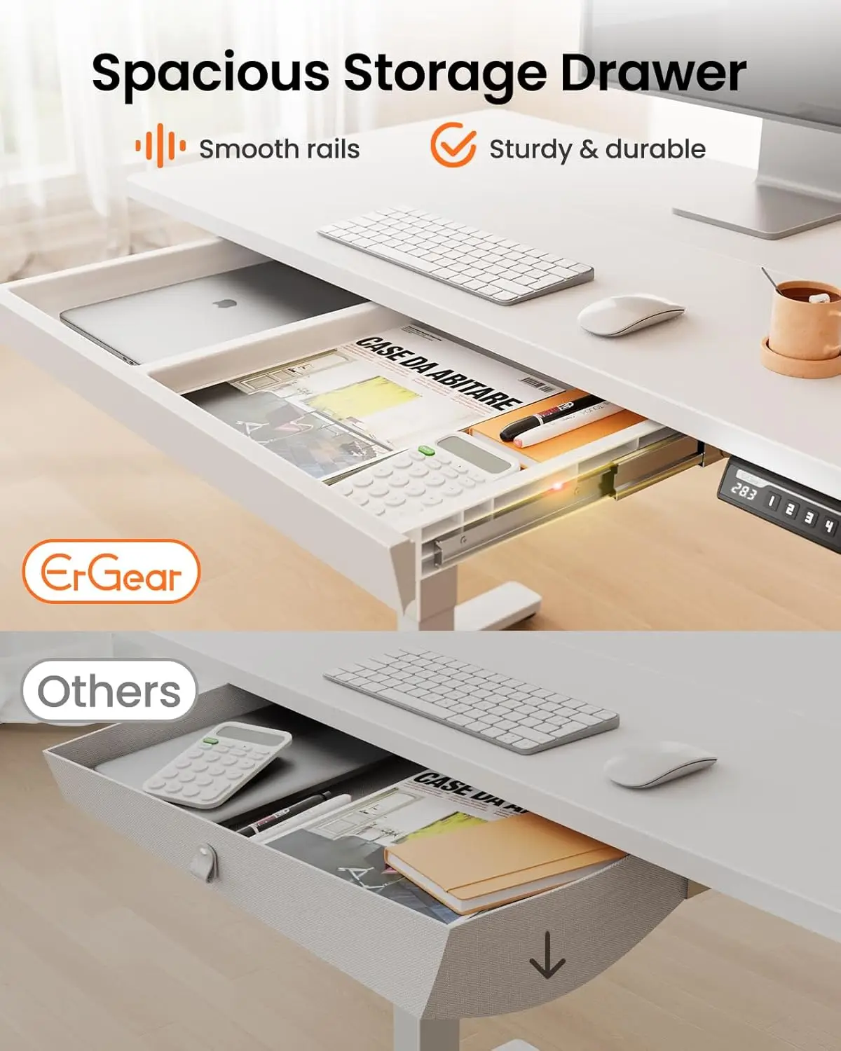 Standing Desk with Drawer, 44 x 24 inch Electric Height Adjustable Desk with 4 Preset Heights & 2 Storage Hooks, Sit Stand Desk