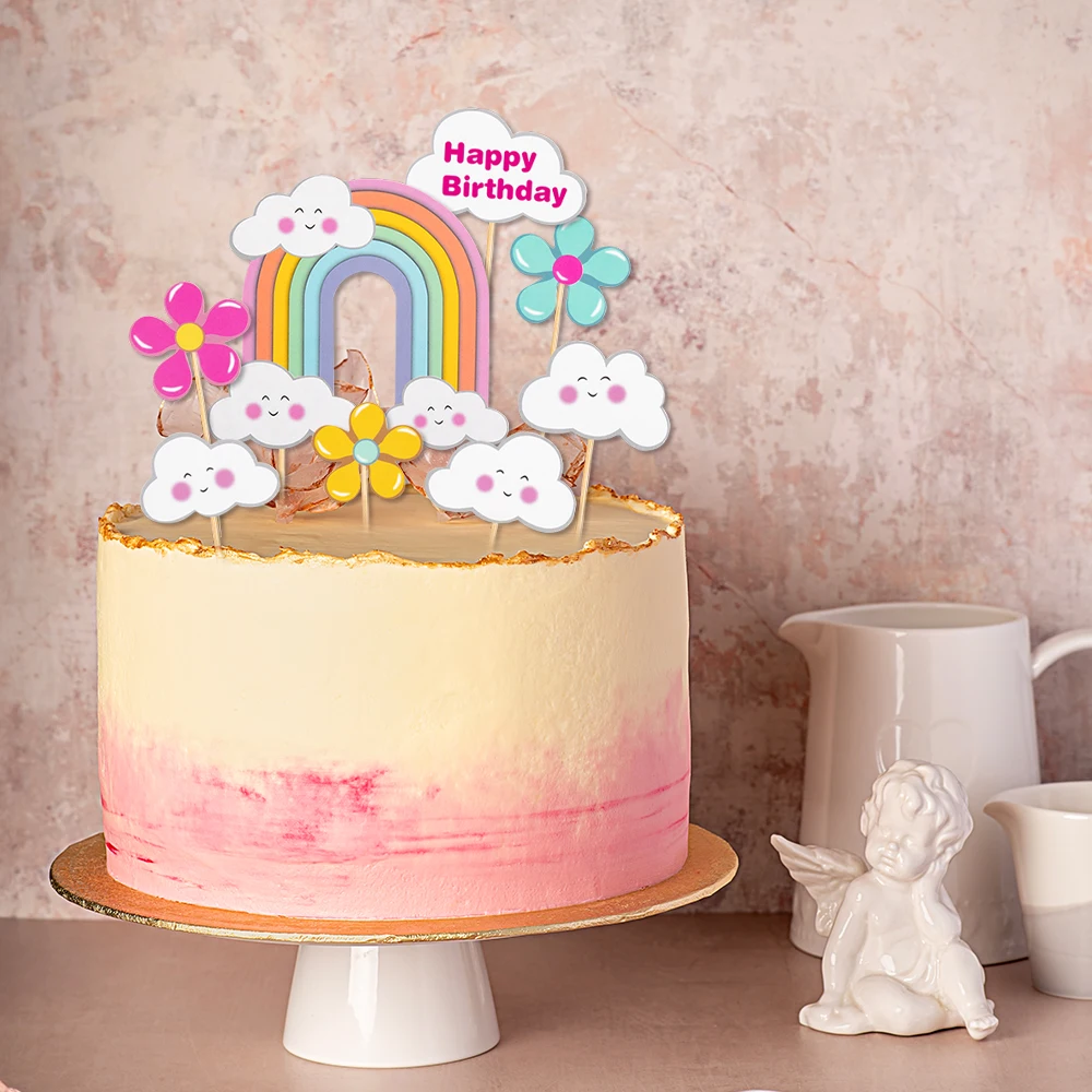 1 Juego de adornos para tarta de arcoíris, flores, estrellas, nubes, decoración para tarta de feliz cumpleaños, suministros para fiesta de cumpleaños para niños y niñas, Baby Shower