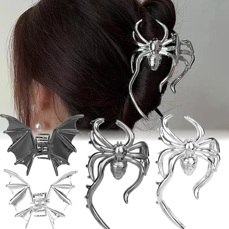 2024 New Silver Black Personality Metal Spider Bat Hair Clip Women Hip-hop Punk Back of The Head Disheveled Hair Bows Shark Clip