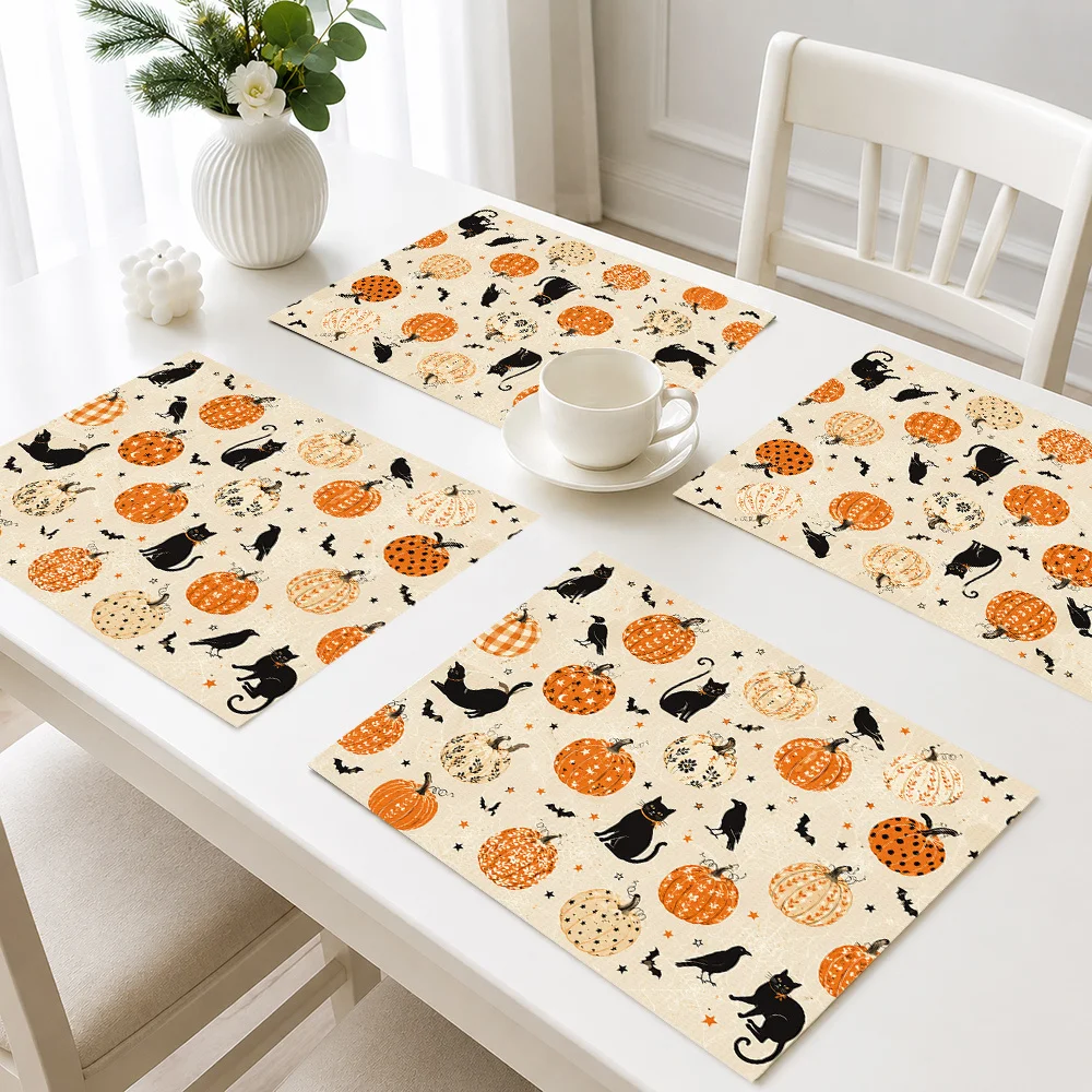 Halloween Pumpkin Black Cat Crow Print Rectangular Placemats  Vintage Fall Style Dining Table Decor Table Mats 4/6/8PCS
