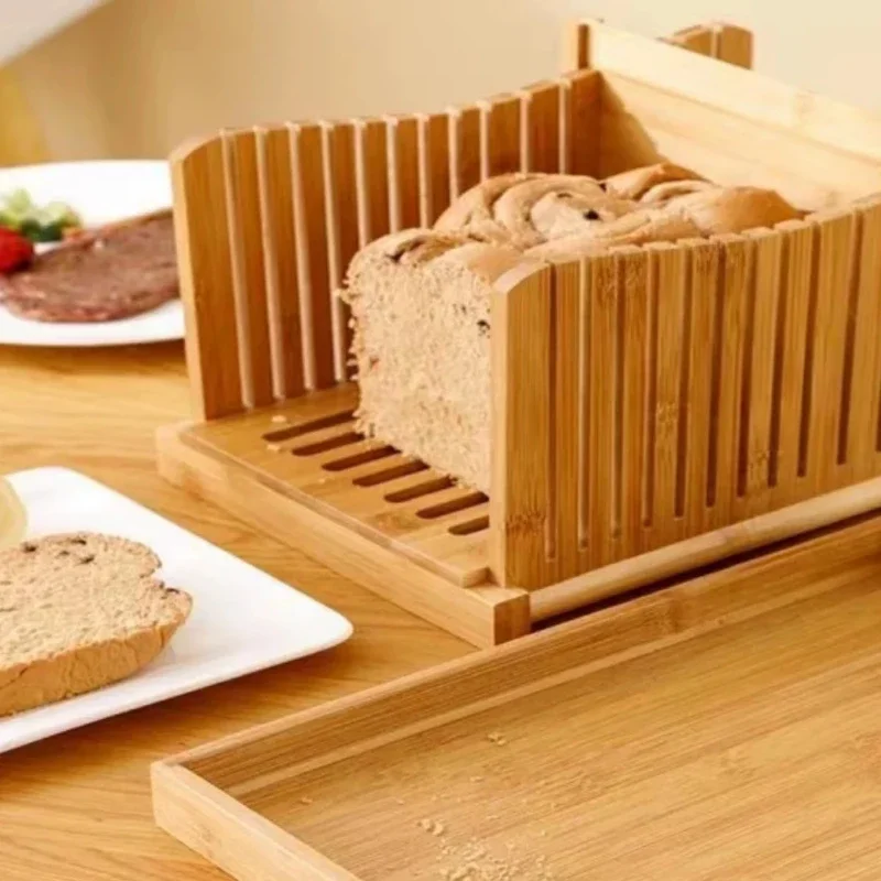 Bamboo Bread Slicer Wooden Bread Cutting Board with Crumb Holder Foldable Adjustable Loaf Cutter for Homemade Bread