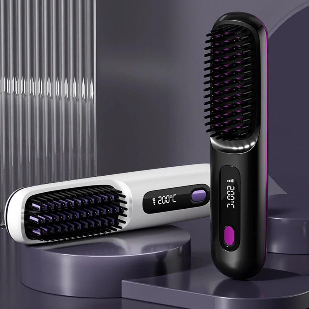 Cordless Hair Straightener Brush with 3 Setting LED Temperature Display Electric Negative Ions Ceramic Hot Comb 360°Anti-Scald