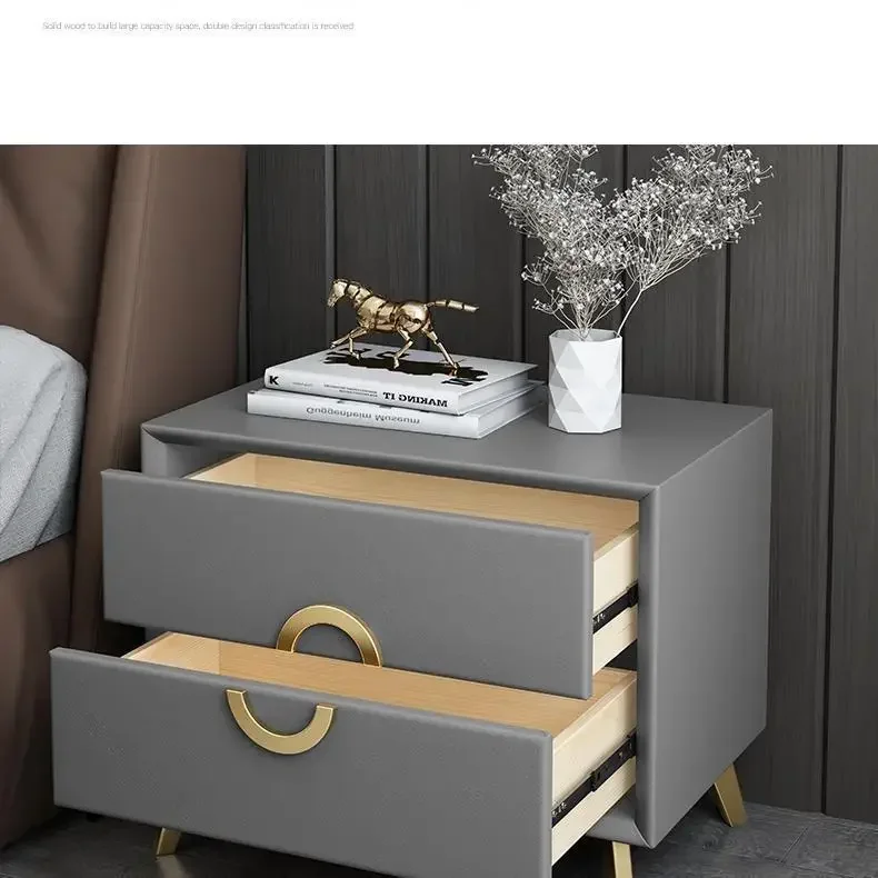 Small Leather Bedside Table – Simple Modern Light Luxury Design, Solid Wood Bedroom Rack, Household Bedside Storage