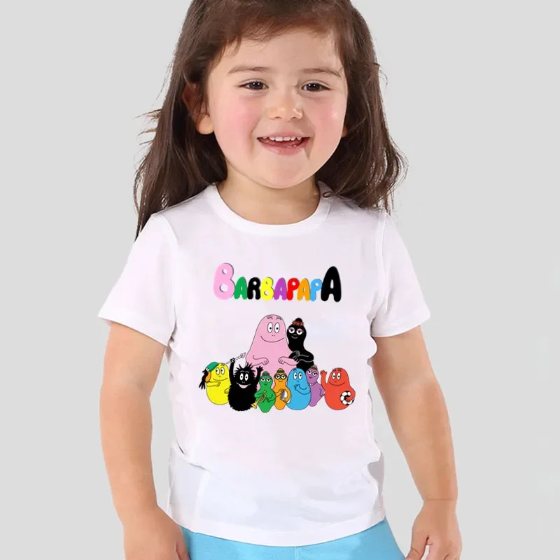 Hot Sale Cute Barbapapa Cartoon Print Boys T-shirts New Summer Short Sleeve Kids T shirt Baby Girls Clothes White Children Tops