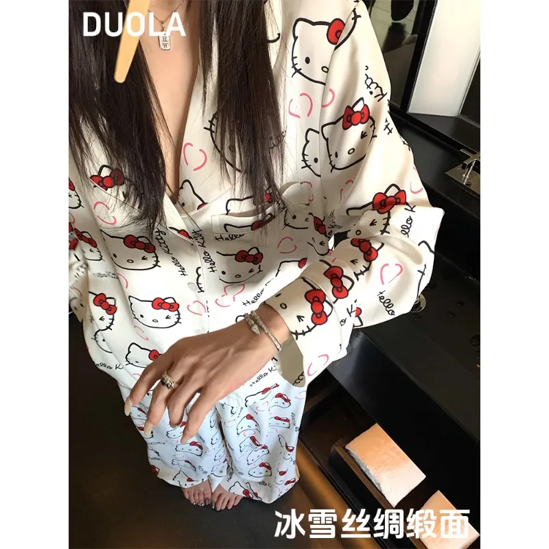 

New Hello Kitty design pajamas, summer ice silk satin loungewear, cartoon cute two-piece pajamas, Sanrio loungewear set