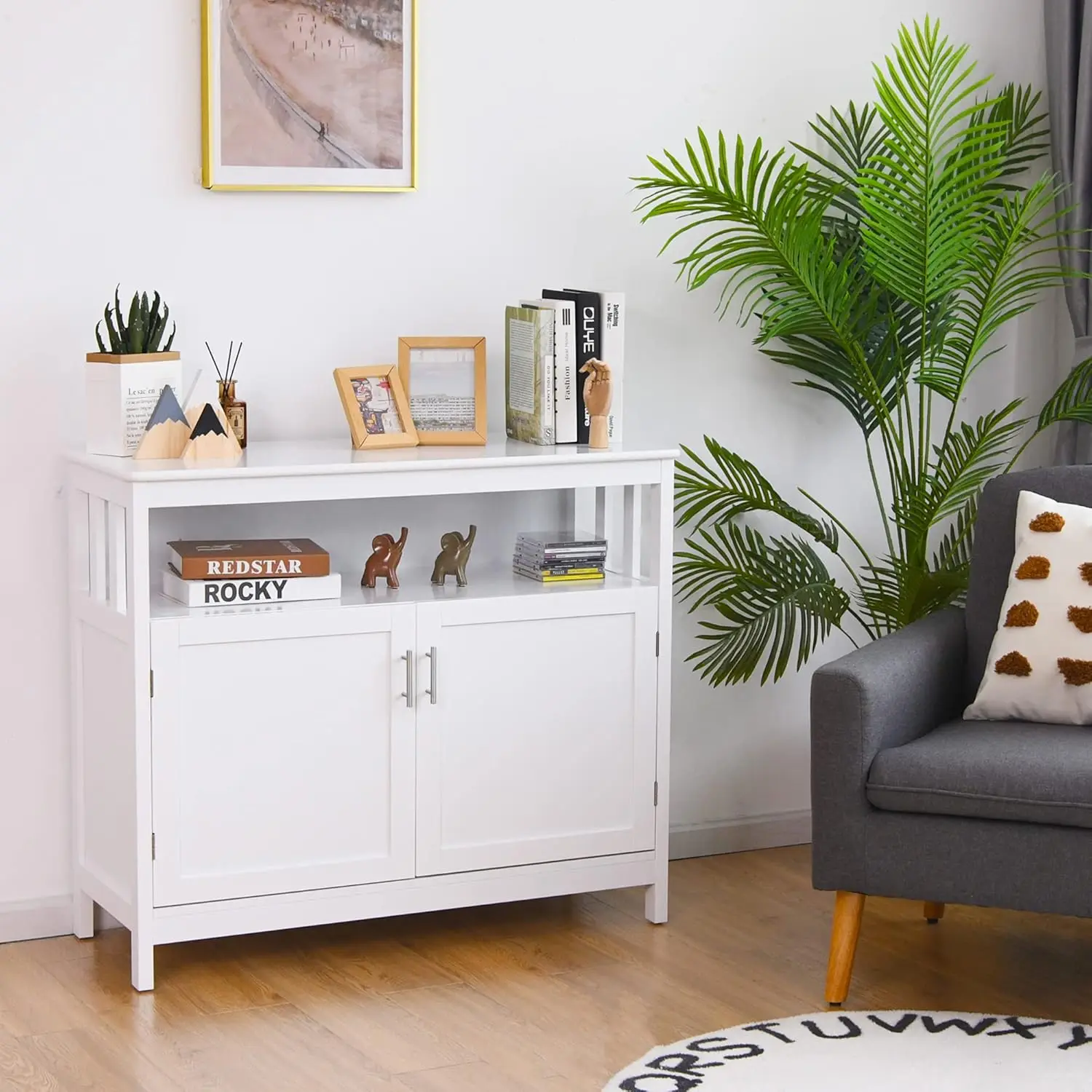 خزانة بوفيه مع رف قابل للتعديل، خزانة جانبية لتخزين النبيذ، 40 × 16 × 34 بوصة #2