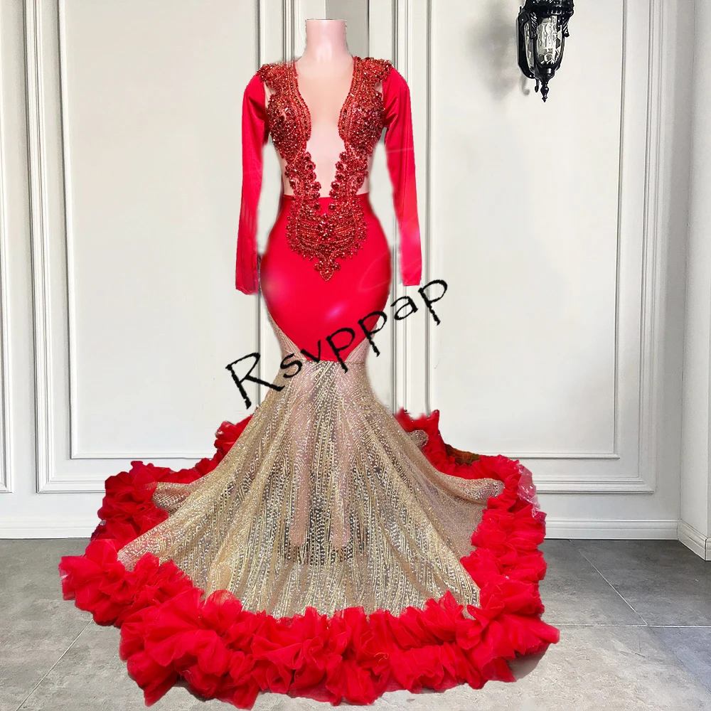 Red Mermaid Long Prom Dresses 2024 Luxury Beaded Sheer Top With Long Sleeves African Girl Lace Prom Gowns