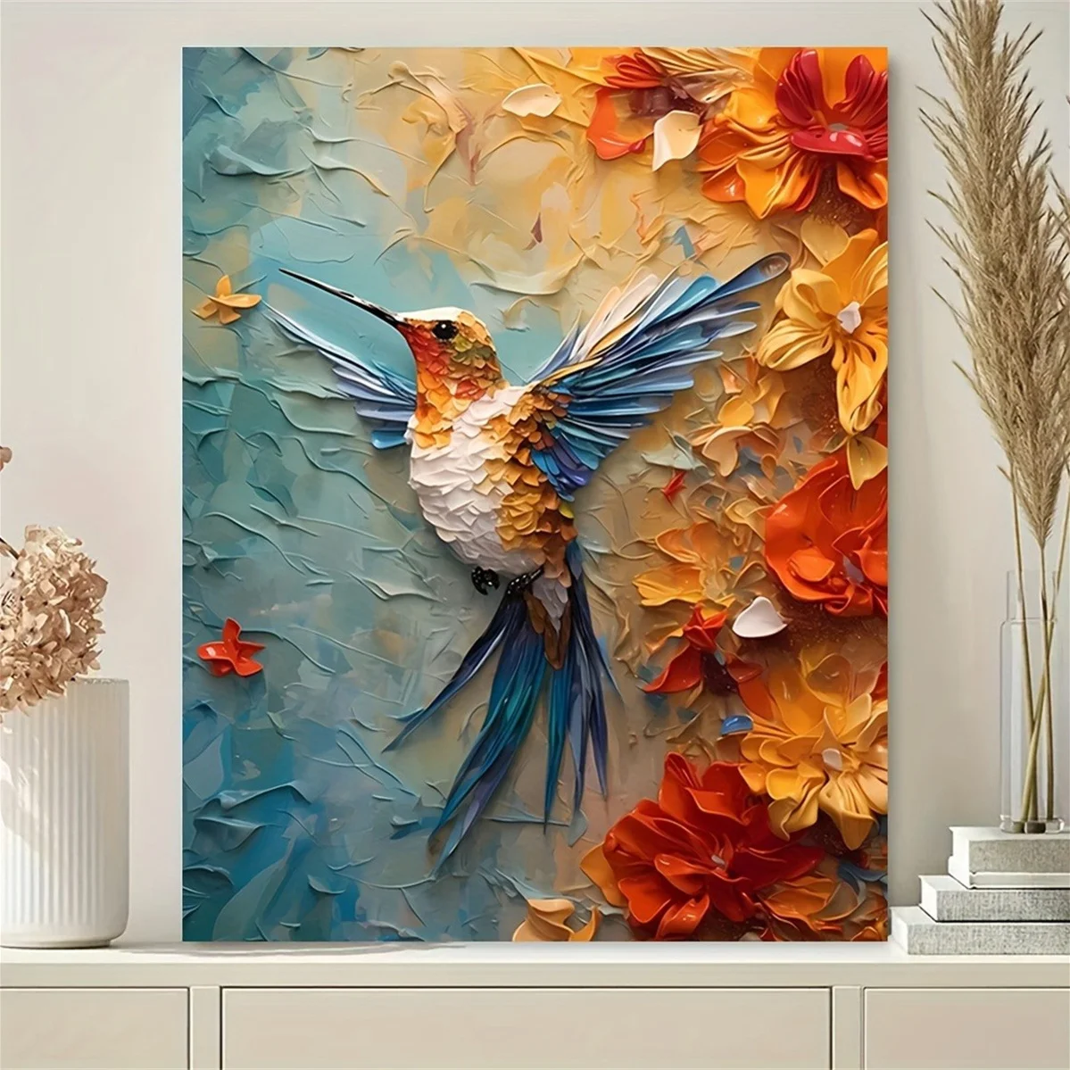 Vibrant Hummingbird & Floral 3D Texture Canvas Art Print-Frameless,Whimsical Wall Decor for Home, Bedroom, Kitchen, Living Ro