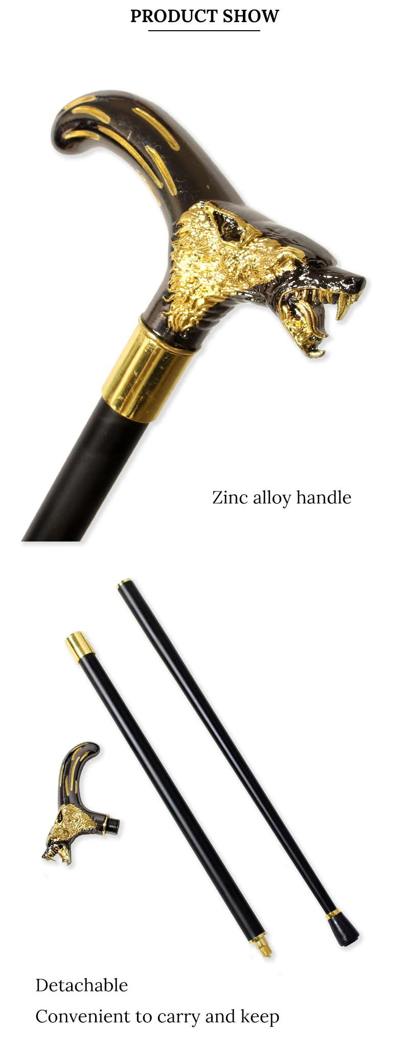 Black Gold Alloy Wolf Head Walking Cane with Curved Handle Detachable Cosplay Party Prop Decorative Walking Stick for Men And Wo