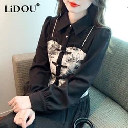 Spring Autumn Polo-neck Vintage Printing Ruffles Shirt Ladies Long Sleeve Elegant Fashion Irregular Blouse Female Cardigan Top