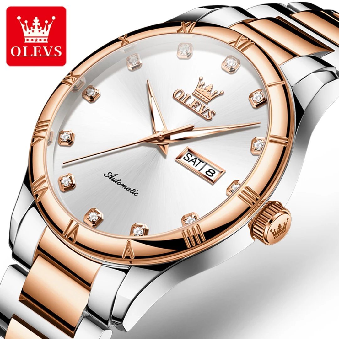 

OLEVS 7030 Mechanical Fashion Watch Gift Round-dial Stainless Steel Watchband Wristwatch Month Display Calendar