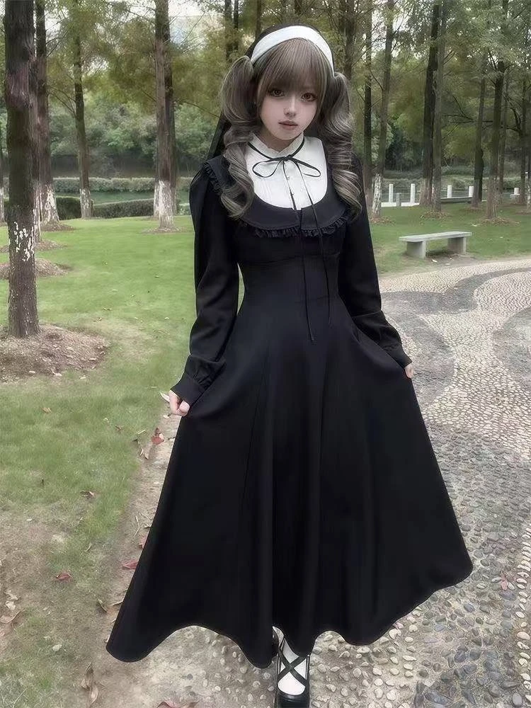 Japanese Gothic Vintage Black Dress Slim Elegant Midi Dress Solid Retro Fashion Party Dress Woman Koran Style Chic - Image 5