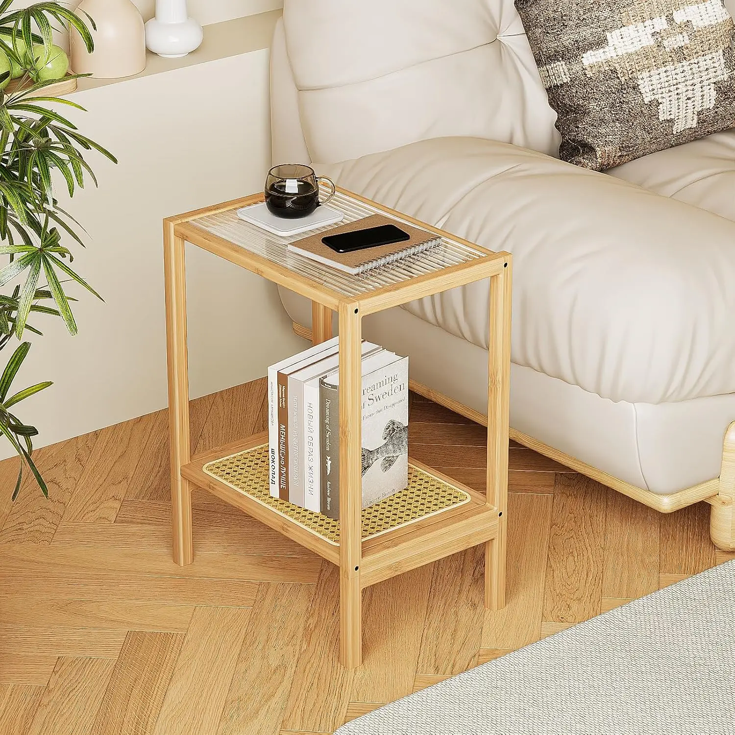 

Side Table Nature Rattan Night Stand Glass End Table 2-Tier with Storage Boho Bedside Table for Small Spaces Bamboo Coffee Ta